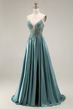 Robe de bal longue agave satin ligne A bustier perlée appliquée avec fente