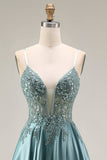 Robe de bal longue agave satin ligne A bustier perlée appliquée avec fente