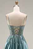 Robe de bal longue agave satin ligne A bustier perlée appliquée avec fente