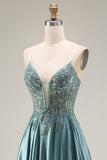 Robe de bal longue agave satin ligne A bustier perlée appliquée avec fente