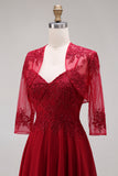 Longue robe de mère de la mariée en velours bordeaux appliquée à ligne A avec perles