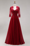 Longue robe de mère de la mariée en velours bordeaux appliquée à ligne A avec perles