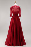 Longue robe de mère de la mariée en velours bordeaux appliquée à ligne A avec perles
