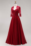 Longue robe de mère de la mariée en velours bordeaux appliquée à ligne A avec perles
