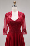 Longue robe de mère de la mariée en velours bordeaux appliquée à ligne A avec perles