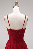 Longue robe de mère de la mariée en velours bordeaux appliquée à ligne A avec perles