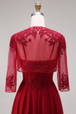 Longue robe de mère de la mariée en velours bordeaux appliquée à ligne A avec perles