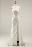 Robe de soirée longue sirène transparente bustier brodé de fleurs blanches et vertes avec fente