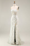 Robe de soirée longue sirène transparente bustier brodé de fleurs blanches et vertes avec fente