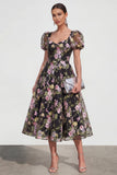 Robe midi multi-fleurs A Line avec manches bouffantes