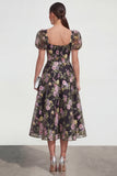 Robe midi multi-fleurs A Line avec manches bouffantes