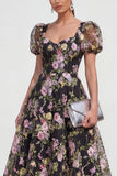 Robe midi multi-fleurs A Line avec manches bouffantes