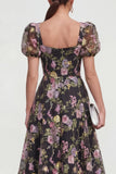 Robe midi multi-fleurs A Line avec manches bouffantes