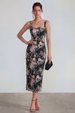 Robe midi multi-fleurs à col carré fourreau avec dentelle dans le dos