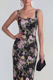 Robe midi multi-fleurs à col carré fourreau avec dentelle dans le dos