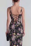 Robe midi multi-fleurs à col carré fourreau avec dentelle dans le dos