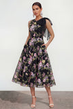 Robe d'invitée de mariage midi imprimé multifleurs nœud avec poches