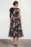 Robe d'invitée de mariage midi imprimé multifleurs nœud avec poches