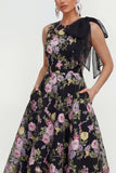 Robe d'invitée de mariage midi imprimé multifleurs nœud avec poches