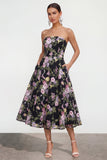 Robe midi sans bretelles A Line Fleur rose noire avec poches