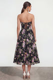 Robe midi sans bretelles A Line Fleur rose noire avec poches