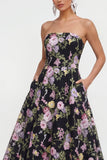 Robe midi sans bretelles A Line Fleur rose noire avec poches