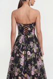 Robe midi sans bretelles A Line Fleur rose noire avec poches