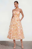 Robe Midi Champagne Strapless A Line avec fleurs 3D