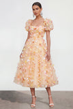 Robe florale Champagne Ligne A à manches bouffantes, lacet et dos, avec des fleurs 3D
