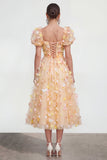 Robe florale Champagne Ligne A à manches bouffantes, lacet et dos, avec des fleurs 3D