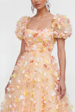 Robe florale Champagne Ligne A à manches bouffantes, lacet et dos, avec des fleurs 3D