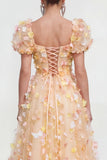 Robe florale Champagne Ligne A à manches bouffantes, lacet et dos, avec des fleurs 3D