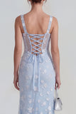 Robe midi florale midi à fourreau lilas à fourreau transparent corset à col carré avec dentelle dans le dos