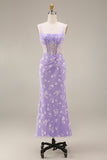 Robe midi florale midi à fourreau lilas à fourreau transparent corset à col carré avec dentelle dans le dos