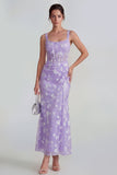 Robe midi florale midi à fourreau lilas à fourreau transparent corset à col carré avec dentelle dans le dos