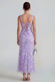 Robe midi florale midi à fourreau lilas à fourreau transparent corset à col carré avec dentelle dans le dos