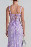 Robe midi florale midi à fourreau lilas à fourreau transparent corset à col carré avec dentelle dans le dos