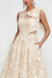 Robe d'invitée de mariage midi rose ligne A col rond nœud imprimé floral avec poches