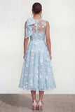 Robe d'invitée de mariage midi rose ligne A col rond nœud imprimé floral avec poches