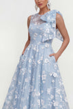 Robe d'invitée de mariage midi rose ligne A col rond nœud imprimé floral avec poches