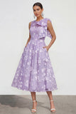 Robe d'invitée de mariage midi rose ligne A col rond nœud imprimé floral avec poches
