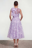 Robe d'invitée de mariage midi rose ligne A col rond nœud imprimé floral avec poches