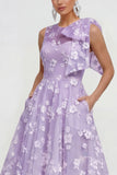 Robe d'invitée de mariage midi rose ligne A col rond nœud imprimé floral avec poches