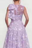 Robe d'invitée de mariage midi rose ligne A col rond nœud imprimé floral avec poches