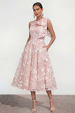 Robe d'invitée de mariage midi rose ligne A col rond nœud imprimé floral avec poches
