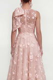 Robe d'invitée de mariage midi rose ligne A col rond nœud imprimé floral avec poches