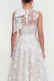 Robe d'invitée de mariage midi rose ligne A col rond nœud imprimé floral avec poches