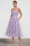 Robe fleurie midi lilas midi sans bretelles sans bretelles avec poches
