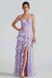 Robe Maxi à bretelles fines florales lilas Shearh avec volants et fente