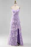 Robe Maxi à bretelles fines florales lilas Shearh avec volants et fente